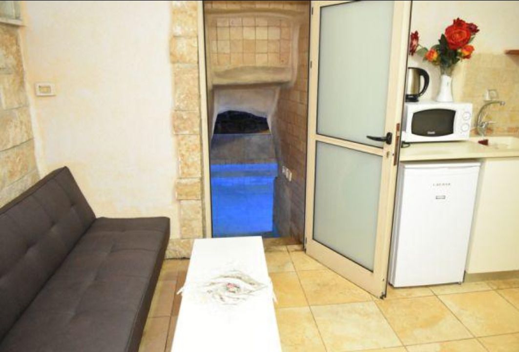 Un espace de vie compact comprenant un canapé, une petite table, une kitchenette équipée d’un four à micro-ondes et une cabine de douche aux carreaux bleus.