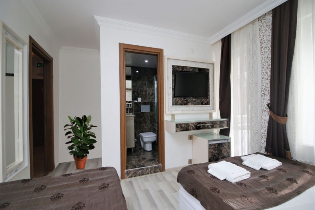 Habitación de hotel con cama, planta en maceta, baño con inodoro y lavamanos, y televisor montado en la pared.