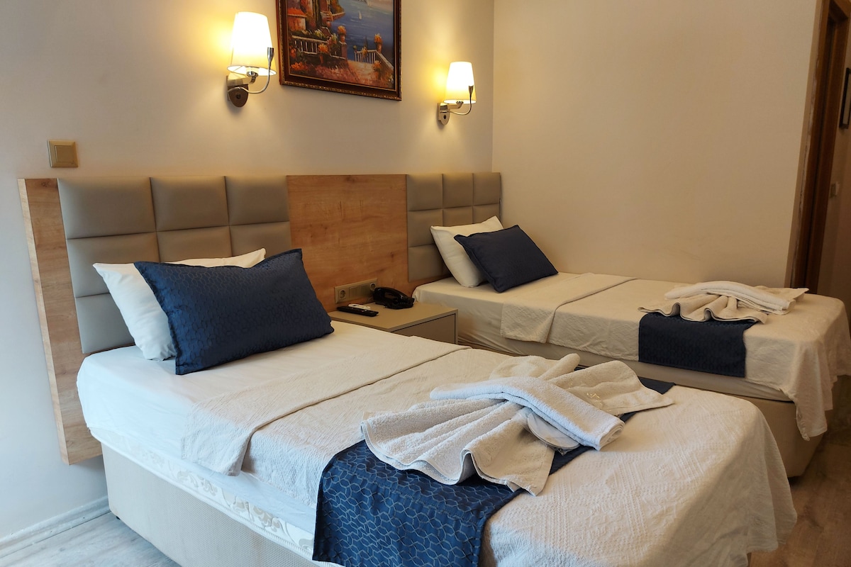 A hotel room with two beds, each with a headboard, white bedding, and a blue pillow. There are wall-mounted lights and a painting above the beds.