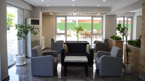 Un hall d’entrée moderne avec un canapé, des fauteuils et des plantes en pot.