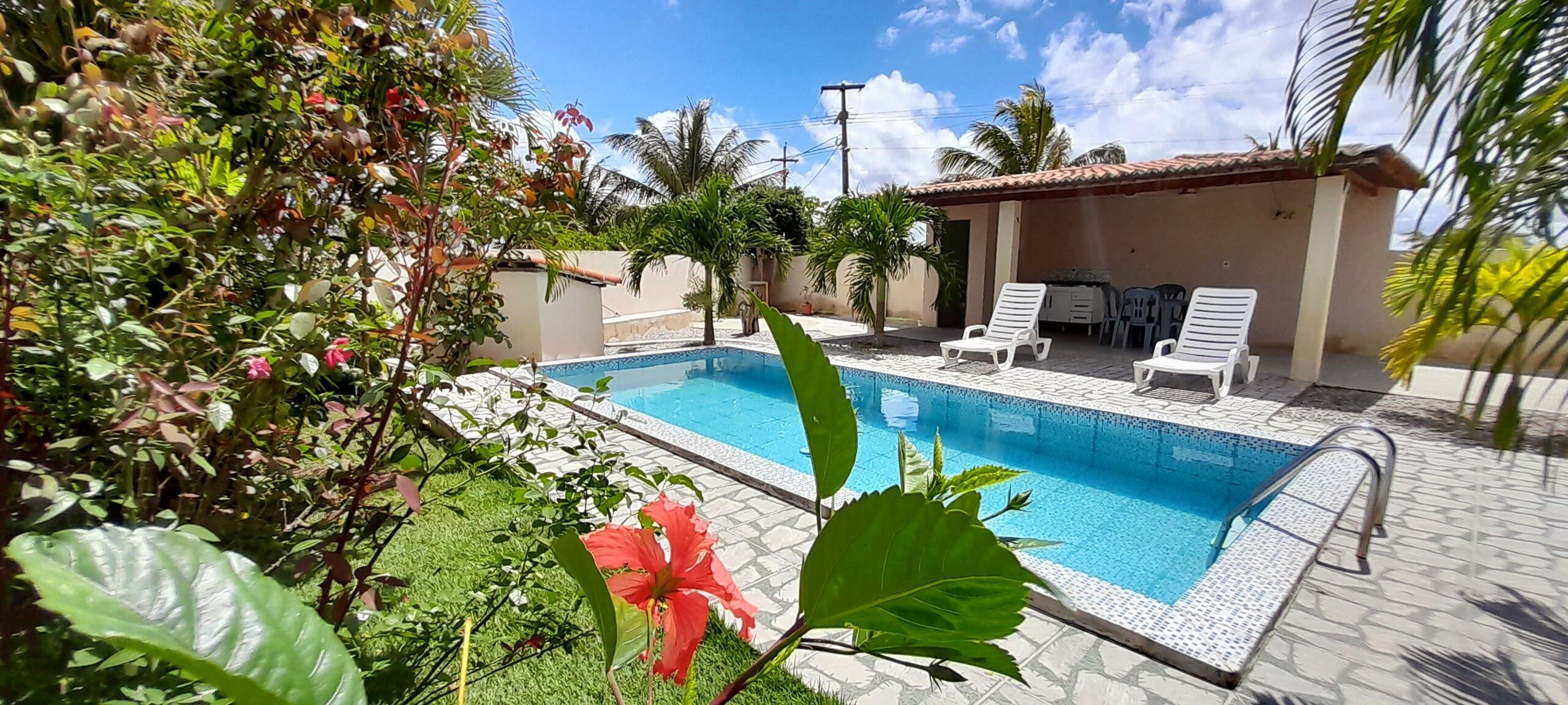 A swimming pool with white lounge chairs, surrounded by lush greenery and palm trees.