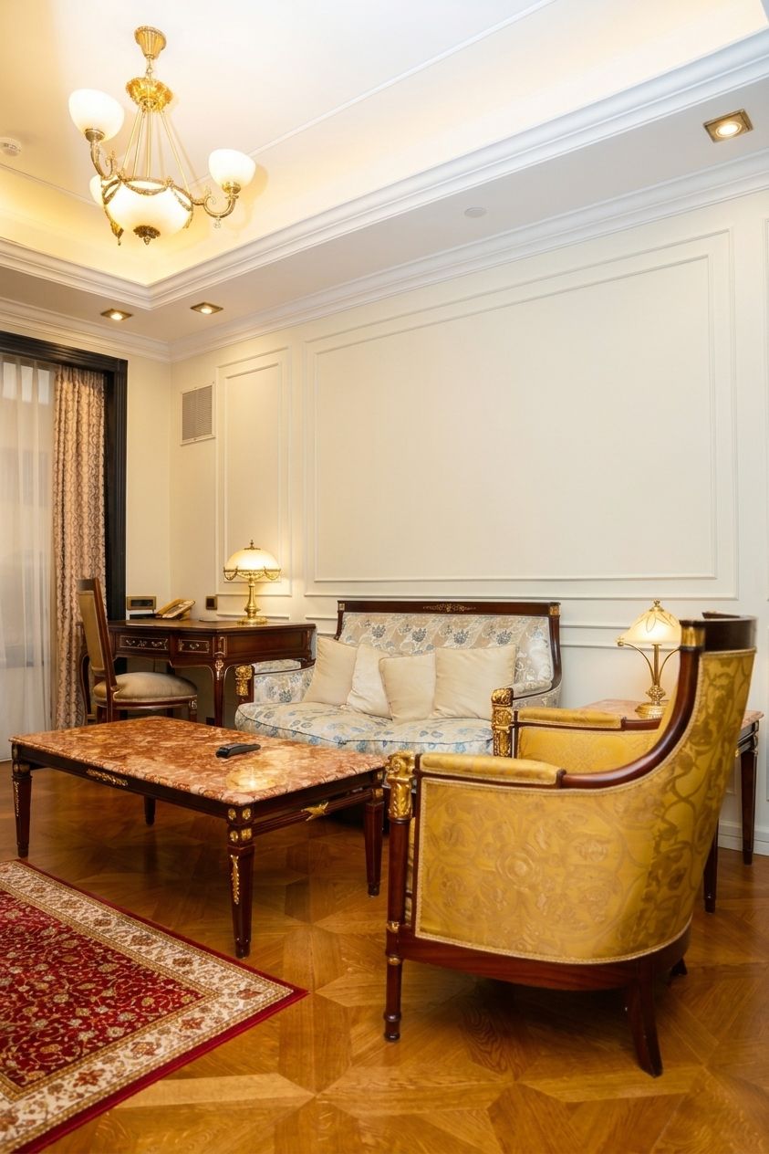 Una habitación de hotel con una cama, un escritorio, una silla, una mesita de centro y un candelabro.