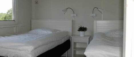 A twin room with two single beds, a small bedside table with a plant, and a window providing natural light.