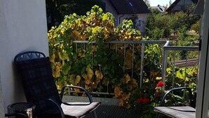 A patio with two chairs and a table, surrounded by a garden with yellow and red flowers. - Hotel Alte Post (Kehl)