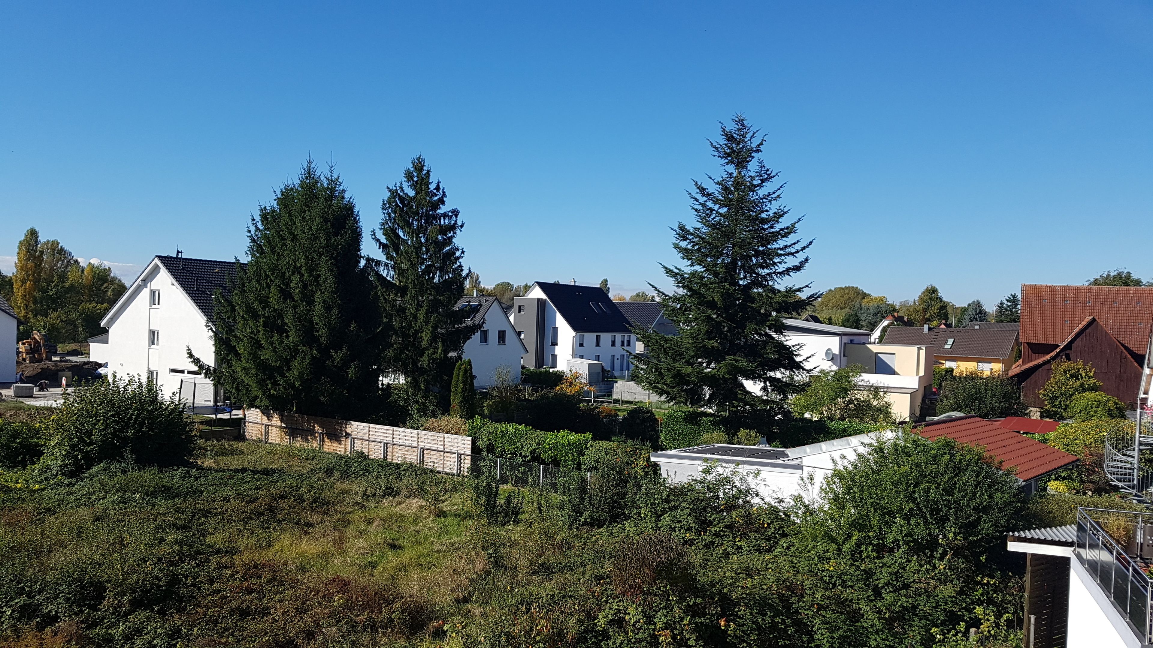 Ein Wohngebiet mit modernen Häusern, üppigem Grün und blauem Himmel.