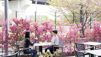 Een terras met tafels en stoelen, omringd door bloeiende roze bomen.