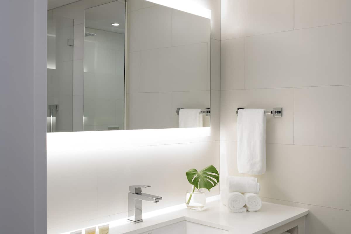 shower, rainfall showerhead, free toiletries, hair dryer