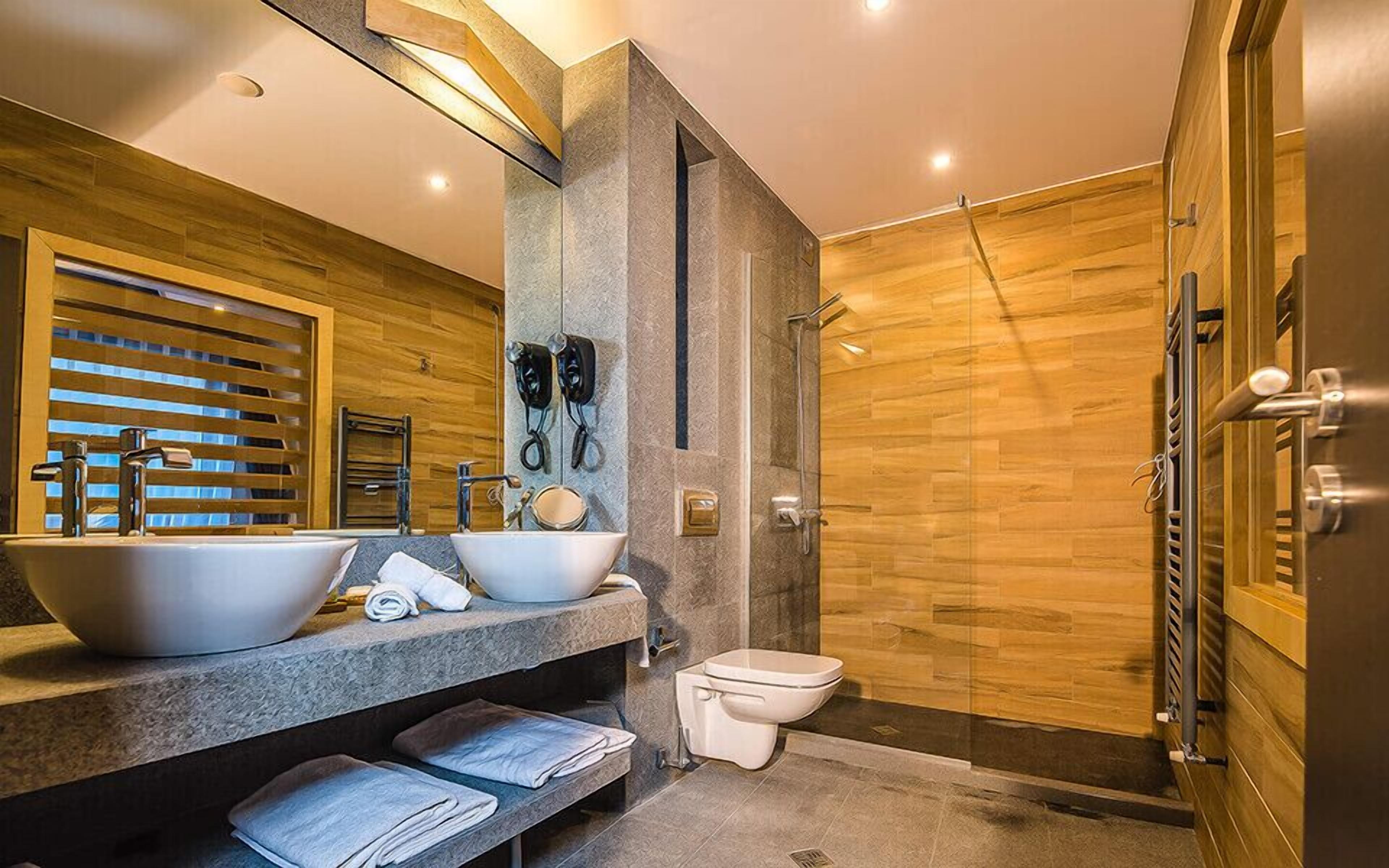 deluxe double room | bathroom | shower, free toiletries, hair dryer, bathrobes