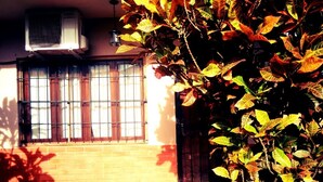 A room with a window, a door, and a brick wall.