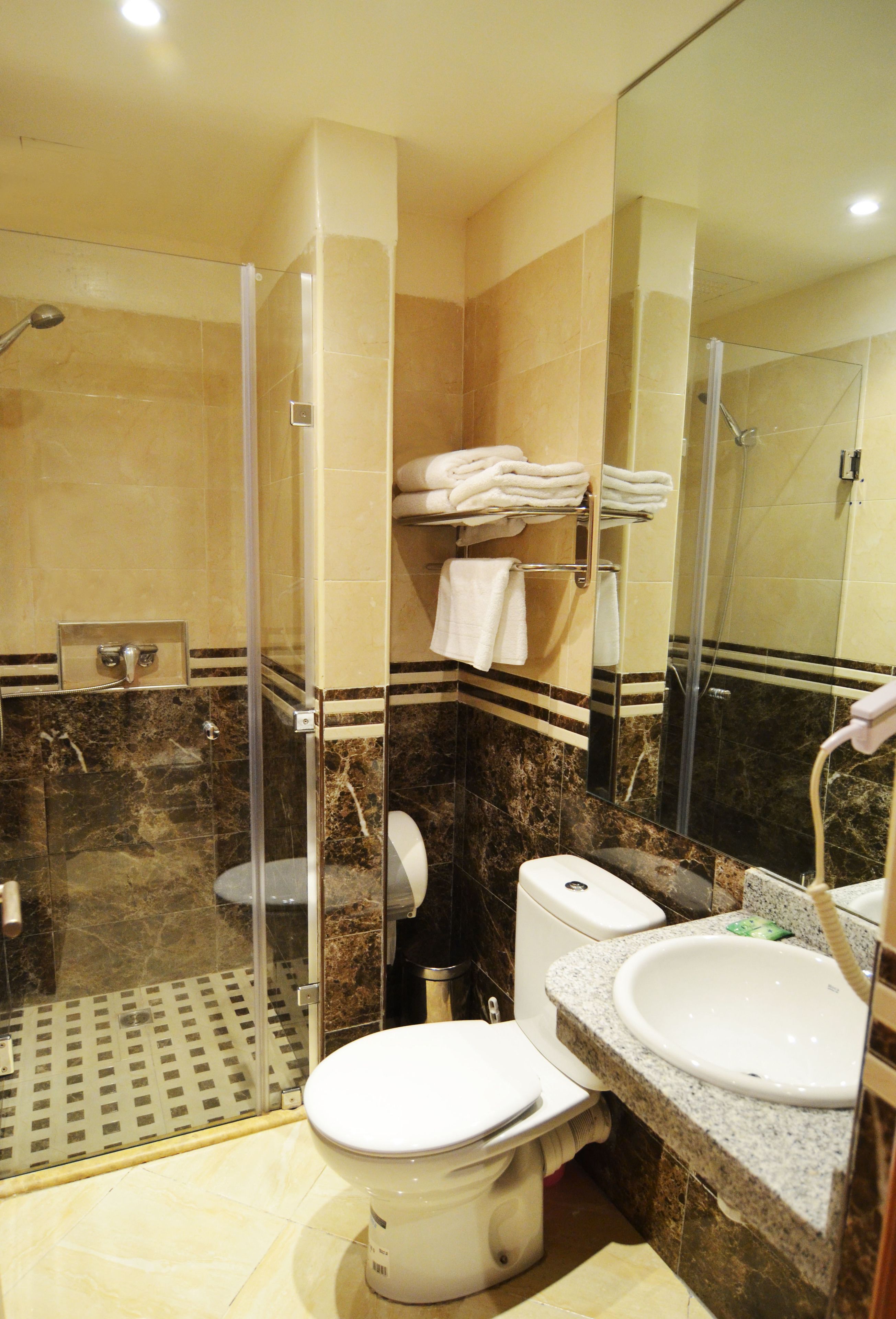 A bathroom with a glass-enclosed shower, a toilet, a sink, and a towel rack with folded towels.