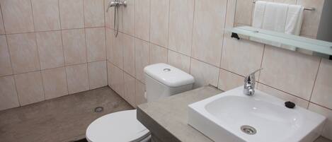 A bathroom with a toilet, a sink, and a shower.