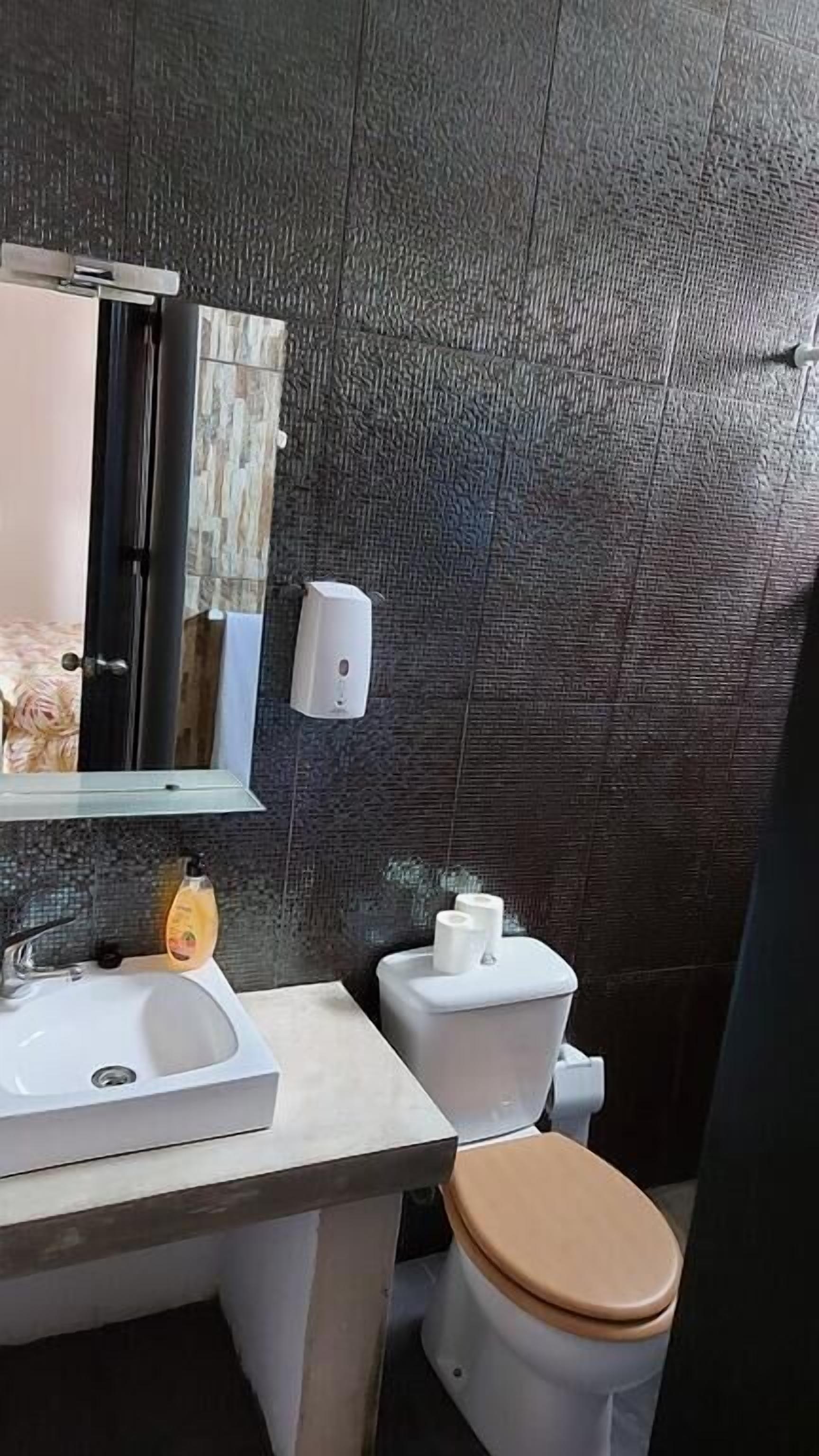Une salle de bain avec un lavabo blanc, un miroir, un distributeur de savon, des toilettes et un porte-serviettes.