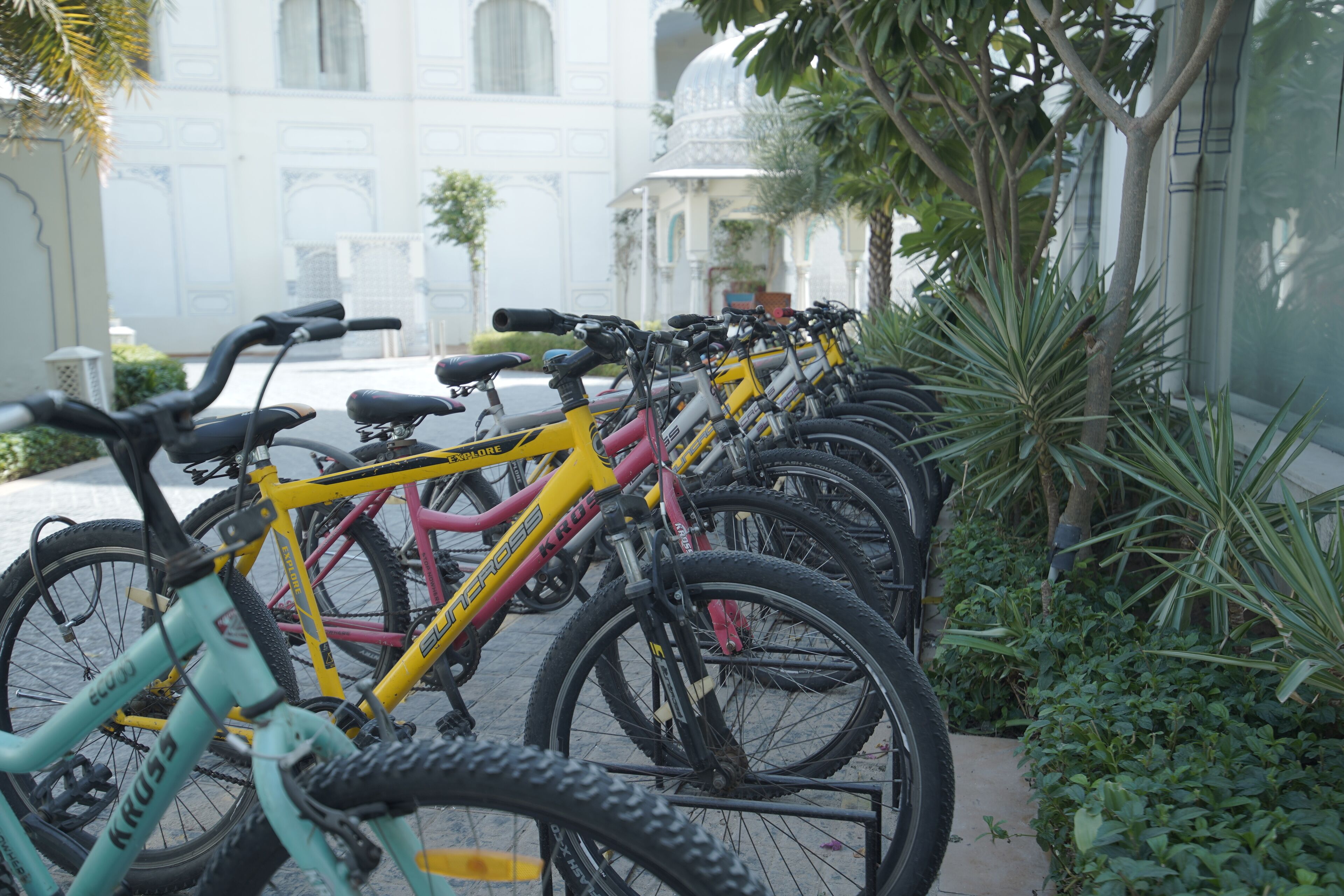 Varias bicicletas estacionadas frente a un edificio de fachada blanca y ventanas arqueadas.