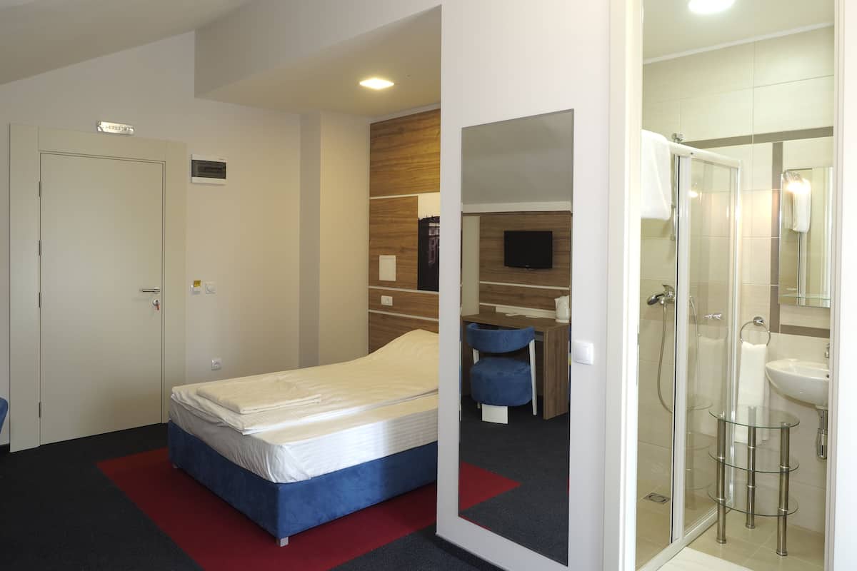 Une chambre d’hôtel moderne équipée d’un lit, d’un bureau, d’une télévision et d’un espace douche.