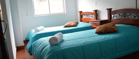 A room with two beds, each with teal bedding and brown pillows, a wooden headboard, a small bedside table, and a window with a view.