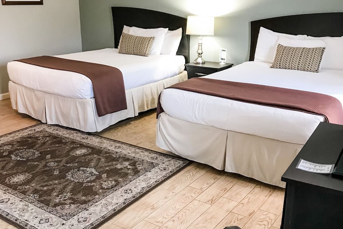 A hotel room with two beds, a desk, a chair, and a patterned rug.
