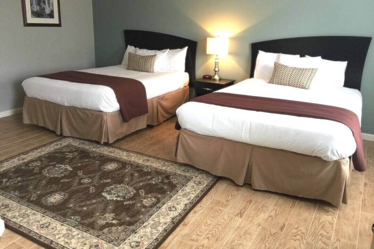 A hotel room with two beds, a nightstand, a lamp, and a rug.
