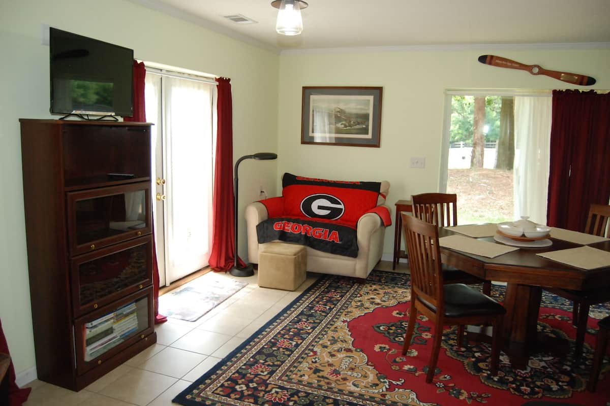 A living room with a sofa, a television, a dining table, and a rug.