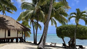 A beachside hut with a thatched roof, surrounded by palm trees and a clear view of the ocean. - Etu Moana Boutique Beach Villas - Adults Only (Aitutaki)