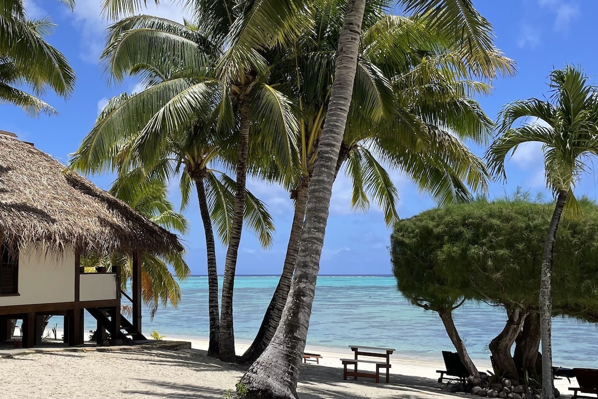 A beachside hut with a thatched roof, surrounded by palm trees and a clear view of the ocean.