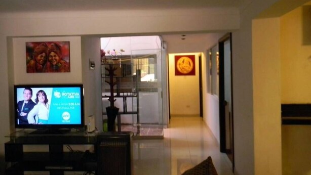 Una sala de estar con televisor de pantalla plana, una planta en maceta y un sofá.