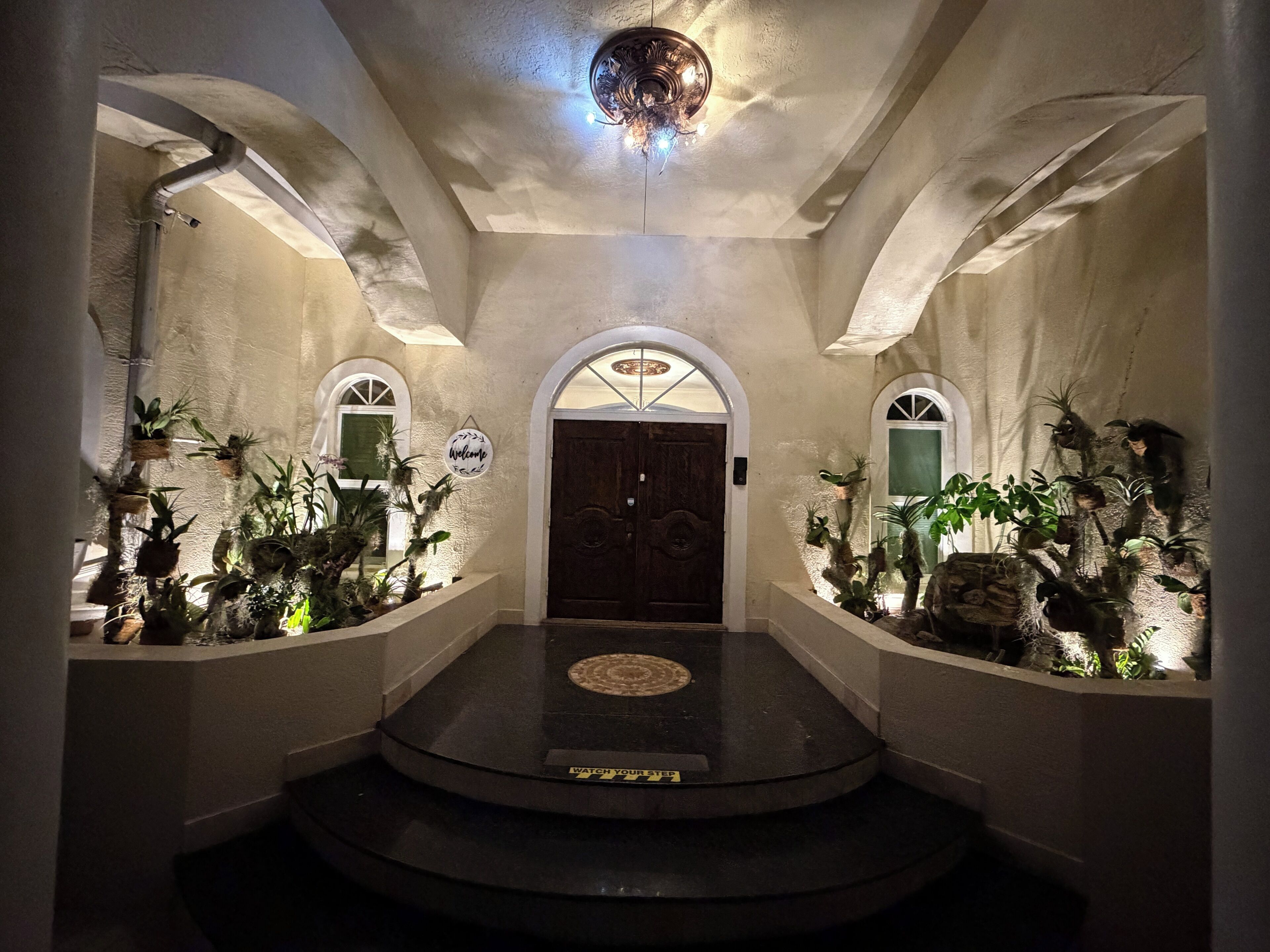 A hallway with a dark floor, arched doorways, and potted plants along the walls.