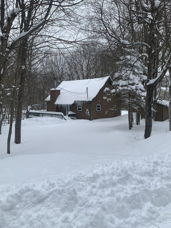 Una casa cubierta de nieve con fachada de ladrillo y tejado nevado.