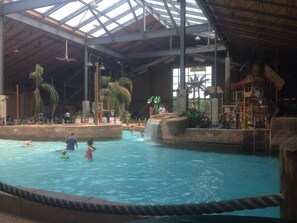 An indoor swimming pool with multiple lanes, palm trees, and a play area with slides and climbing structures.