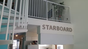 A Starboard sign on a white wall, indicating a direction or location.