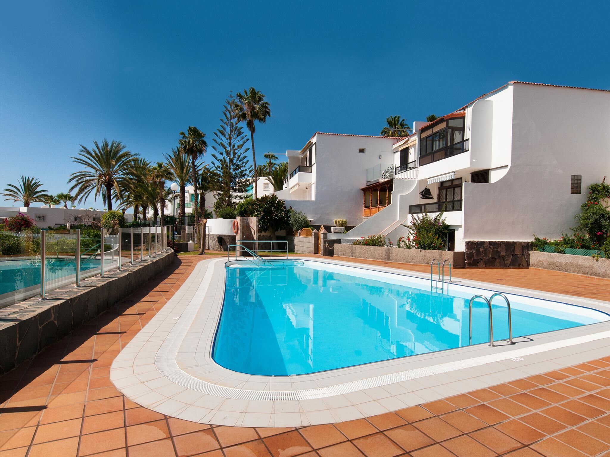 A swimming pool with a tiled deck, surrounded by white buildings with balconies, palm trees, and a clear blue sky.