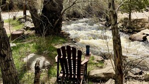 A chair near a river with trees and rocks.