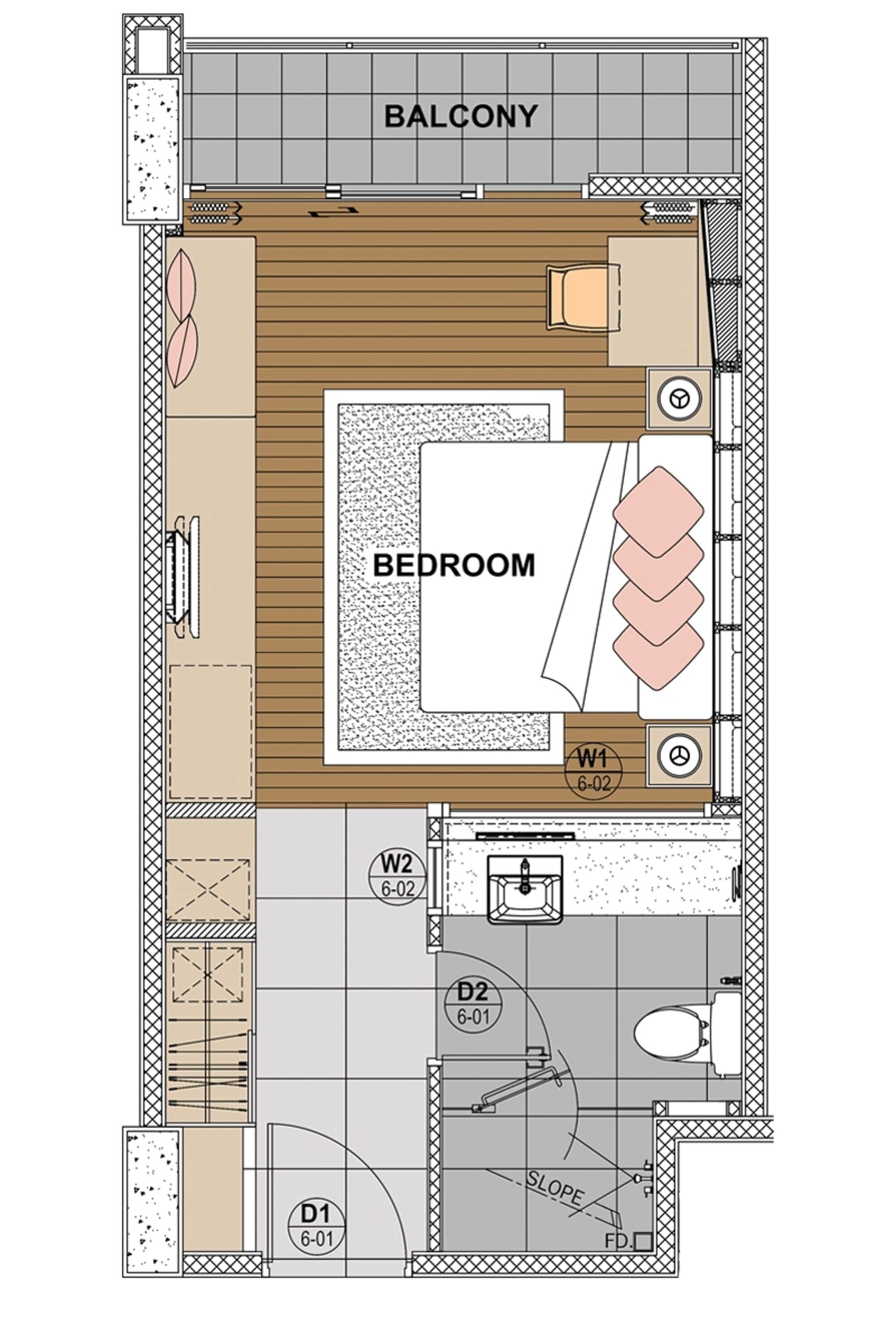 Plano de una habitación de hotel con balcón, dormitorio y baño.