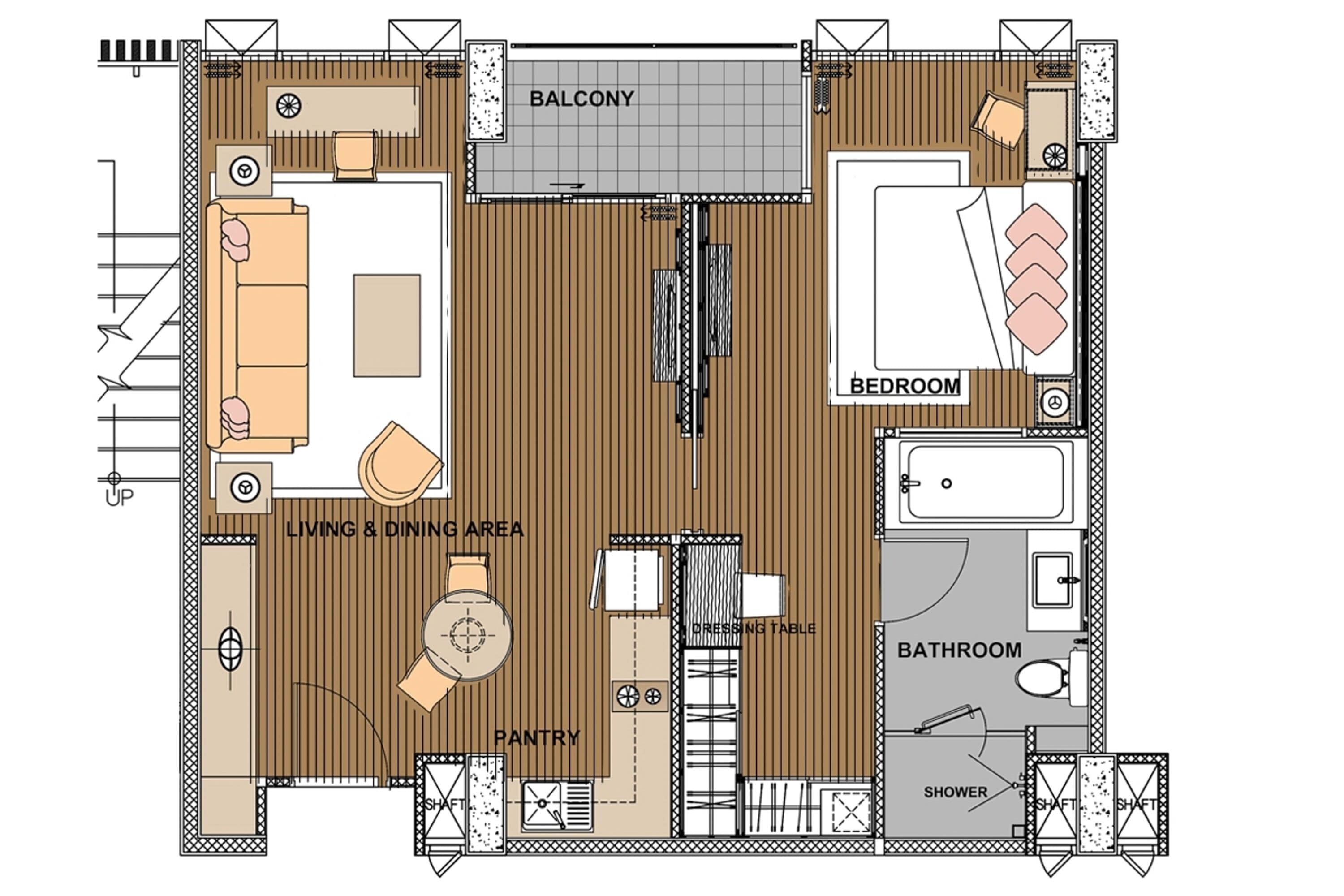 Plan d’un étage d’hôtel comprenant un espace de vie et de salle à manger, un balcon, une chambre, une salle de bain et une douche.