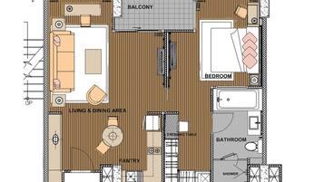 Plano de planta de un hotel que incluye sala de estar y comedor, balcón, dormitorio, baño y ducha.