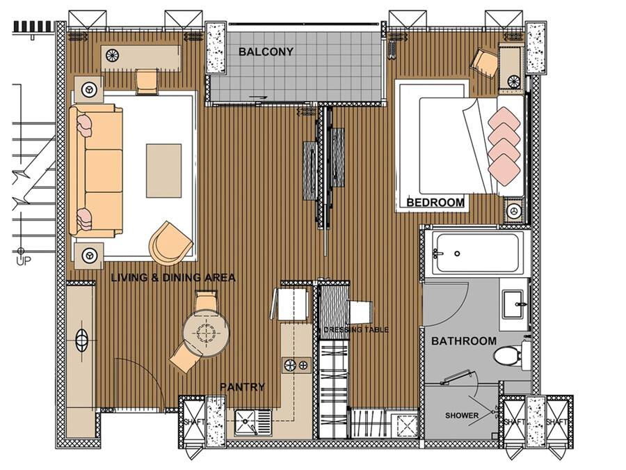 A hotel floor plan with a living & dining area, balcony, bedroom, bathroom, and shower.
