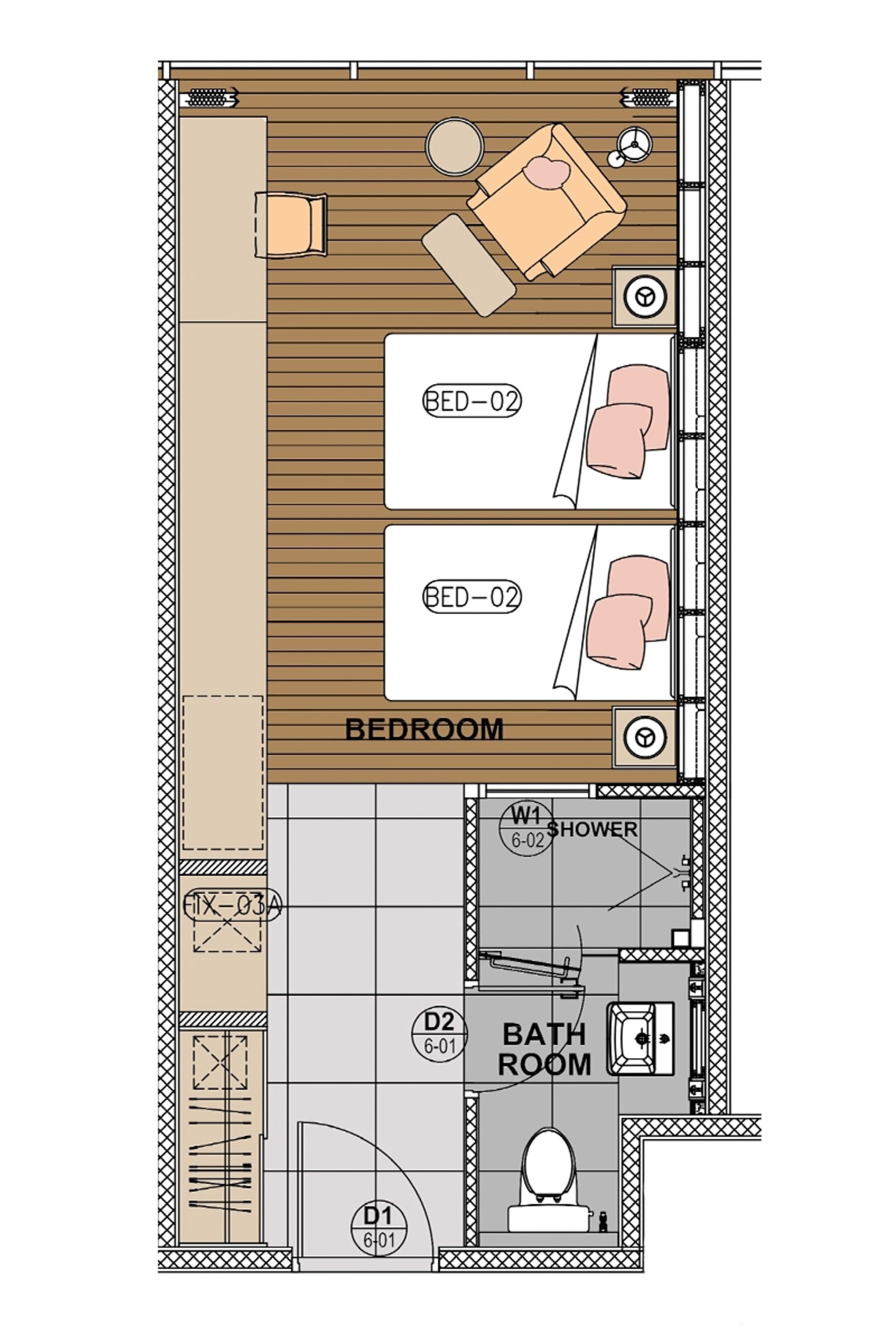 A bedroom with two beds, a shower, and a bathroom.