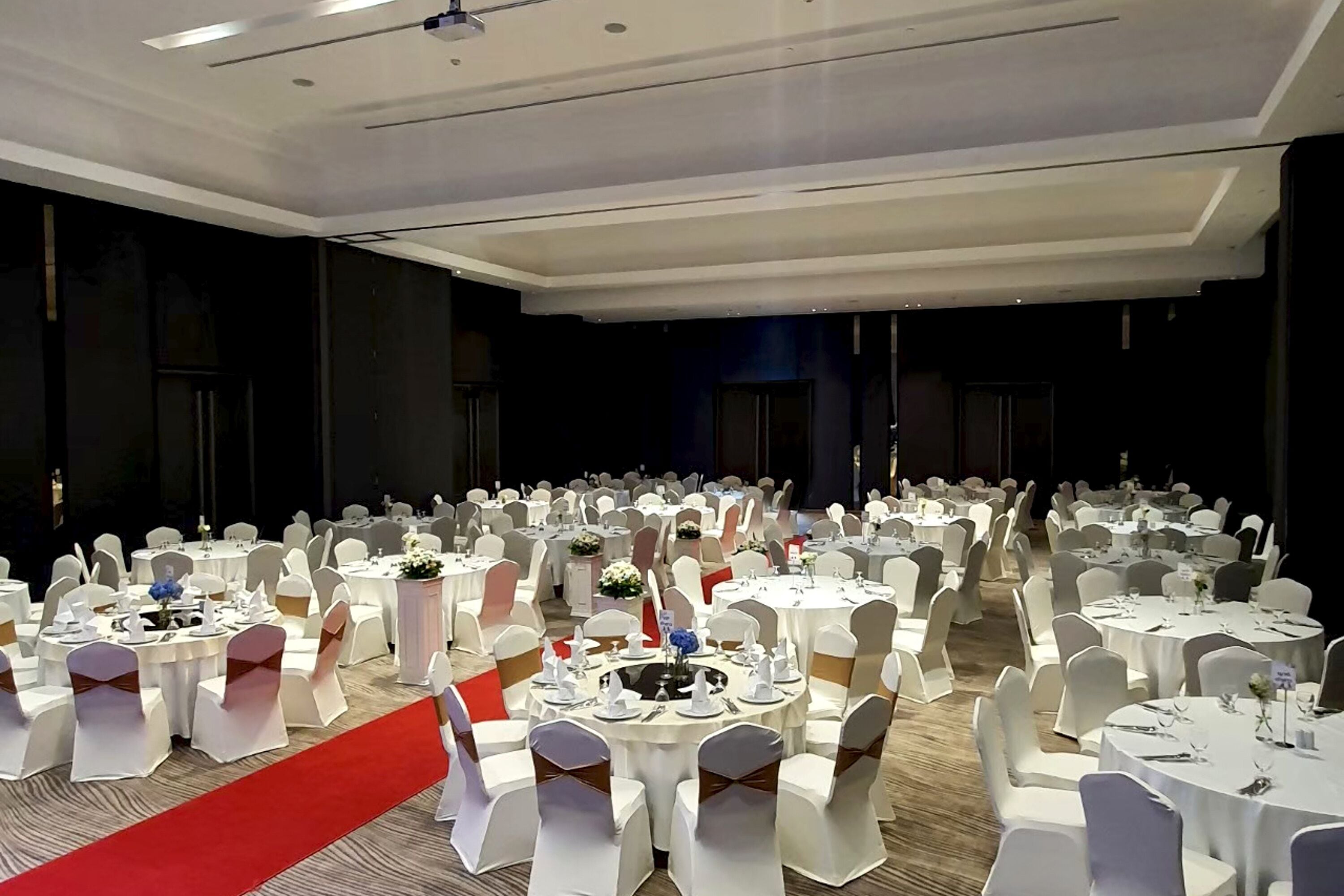 A banquet hall with round tables and white chairs, a red carpet, and a dark ceiling.