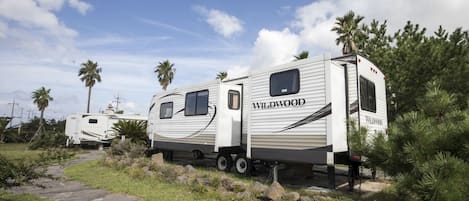 A Wildwood RV parked in a grassy area with palm trees and a stone pathway.