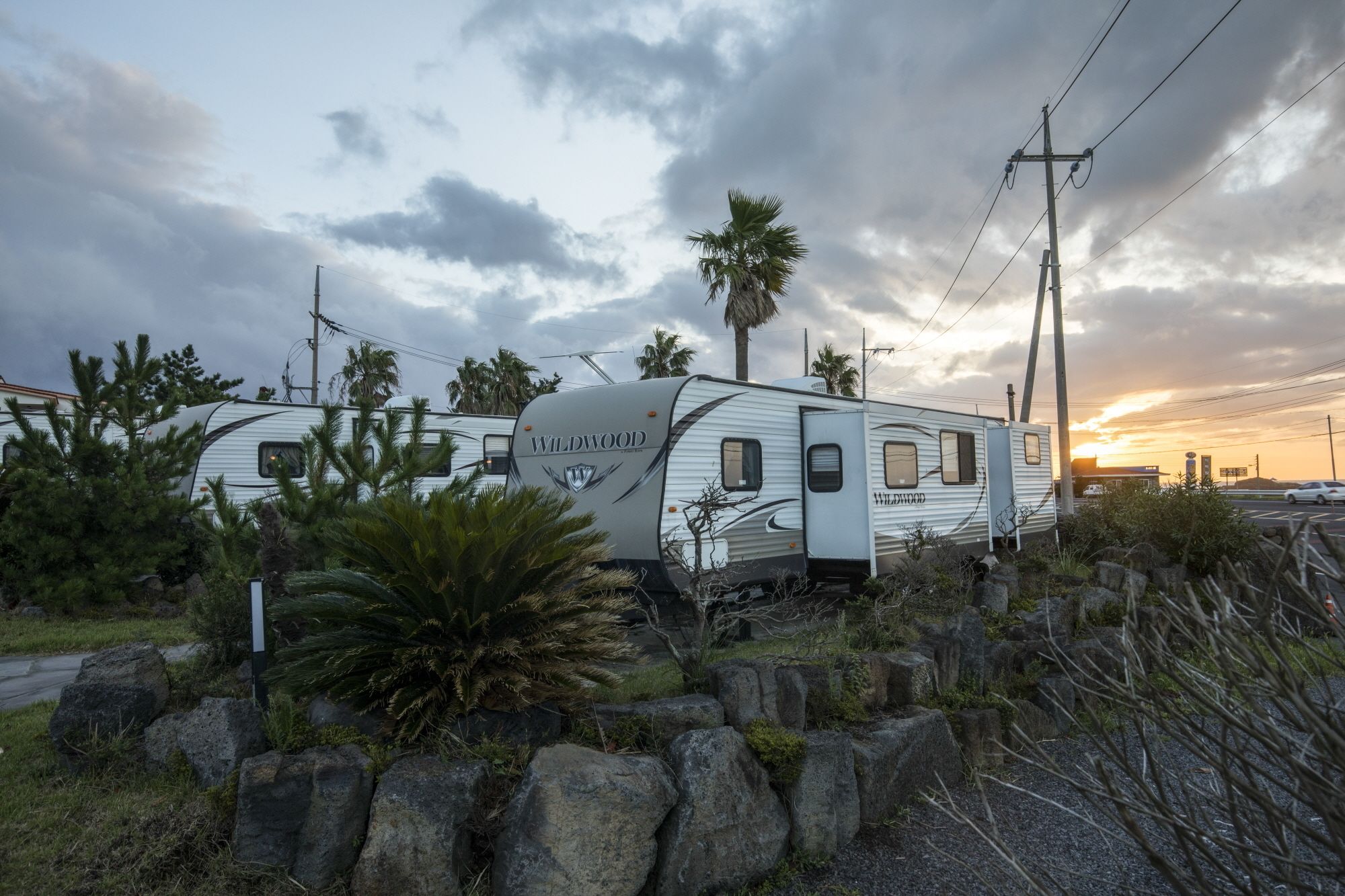 A white RV with 'WILDWOOD' branding parked in a rocky area with palm trees and power lines in the background.