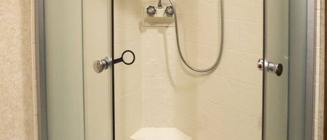 A glass-enclosed shower stall with a toilet and a handheld showerhead.