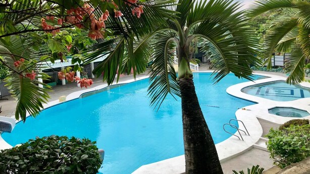 A swimming pool with a palm tree in the foreground and a view of the surrounding area. - V Resort Dasma (Dasmarinas)