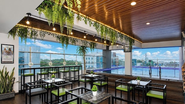 Un restaurante con terraza, sillas verdes acolchadas, plantas colgantes y vistas a un cuerpo de agua.