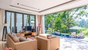 30-inch flat-screen TV with cable channels, TV
