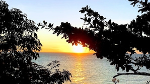 A sunset over a body of water, framed by tree branches. - 86 Ha Long (Ho Chi Minh City)