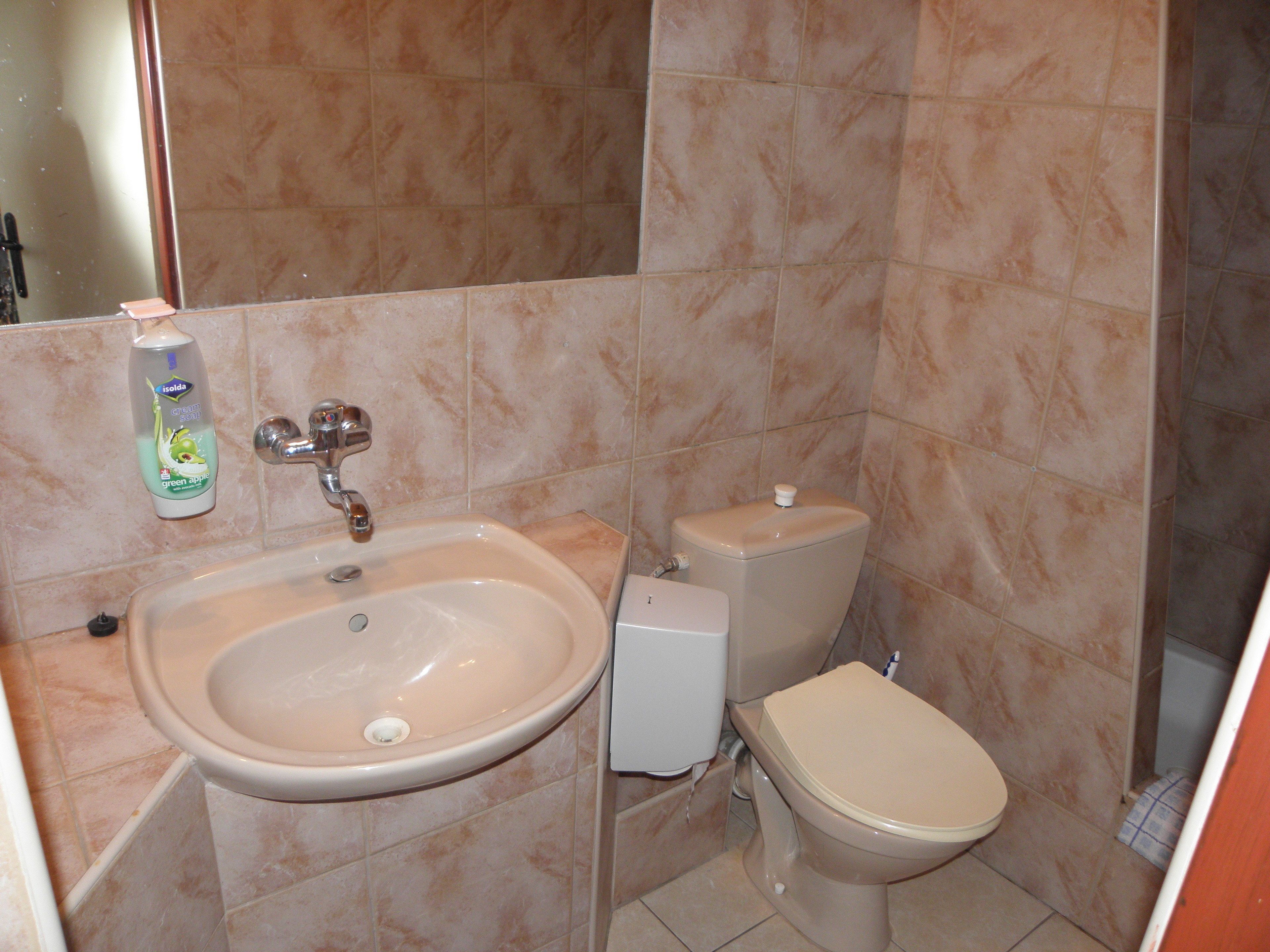 A bathroom with a sink, toilet, and a bottle of green apple soap on the wall.