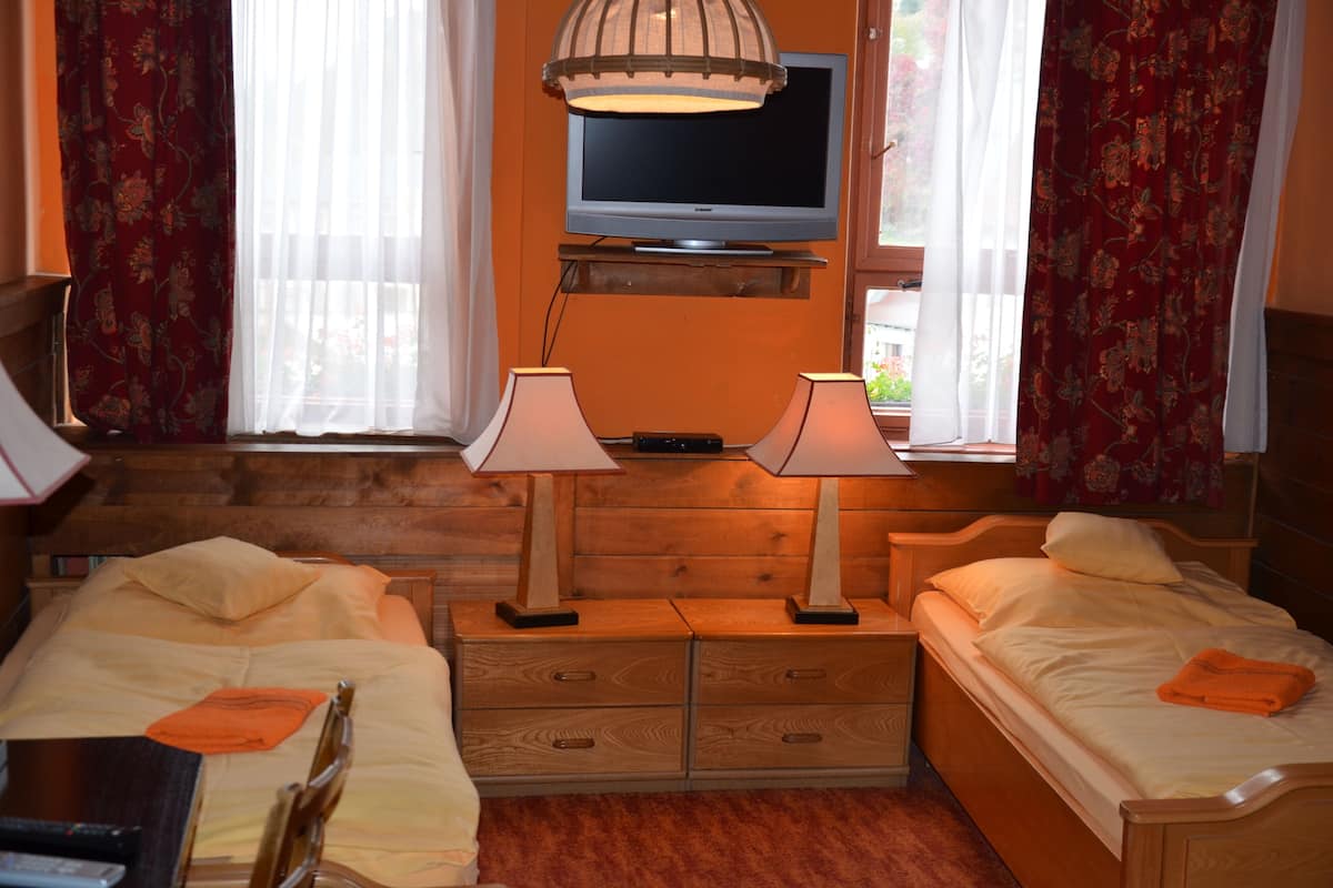 Een hotelkamer met twee bedden, een televisie en twee lampen.