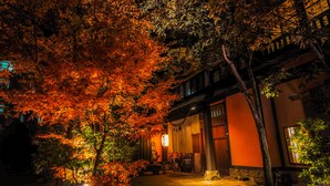 A traditional Japanese building with a wooden exterior and a tiled roof, surrounded by autumn foliage. - Shinwaen (Aso)