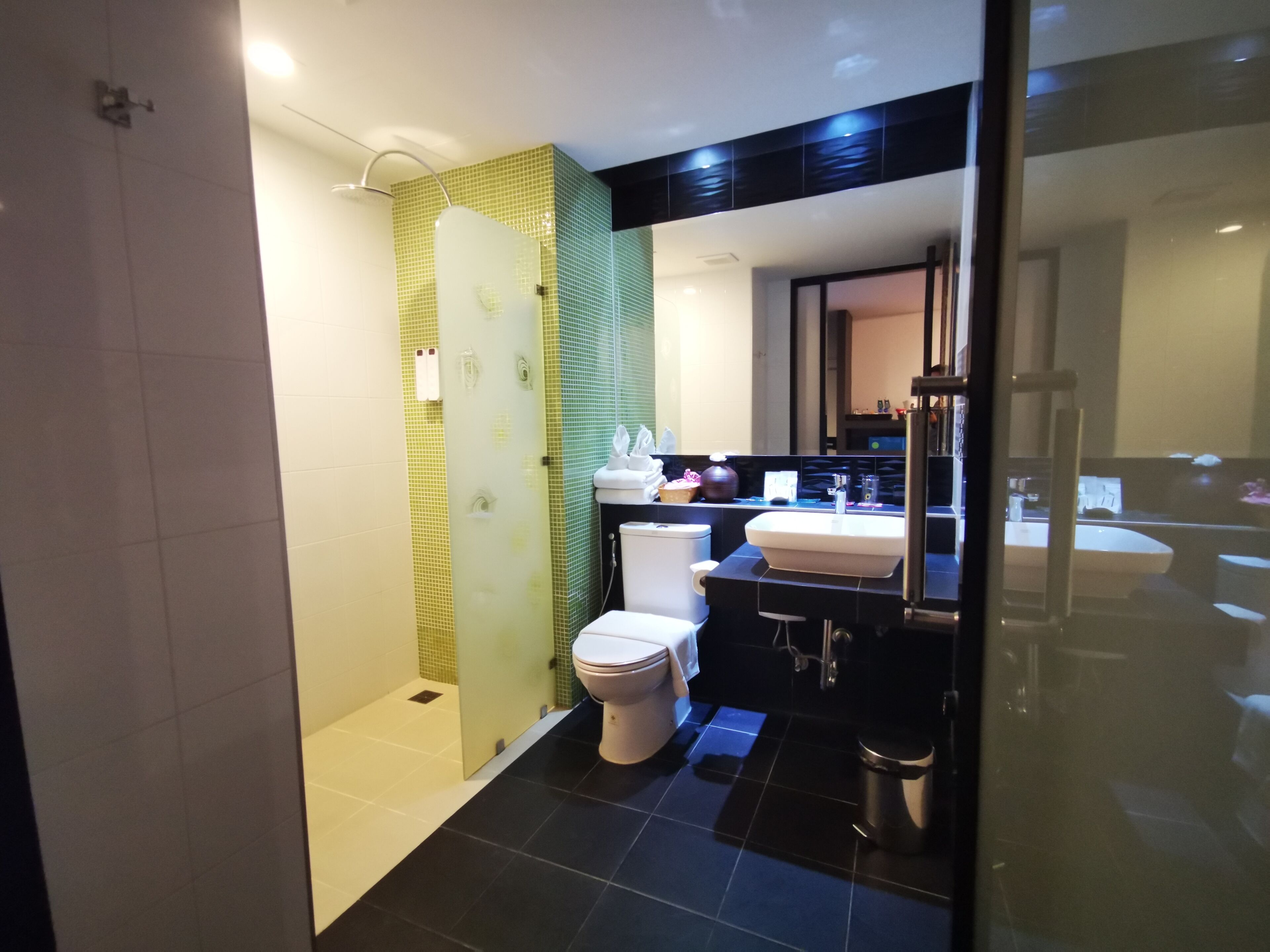 deluxe king room  | bathroom | shower, designer toiletries, hair dryer, slippers