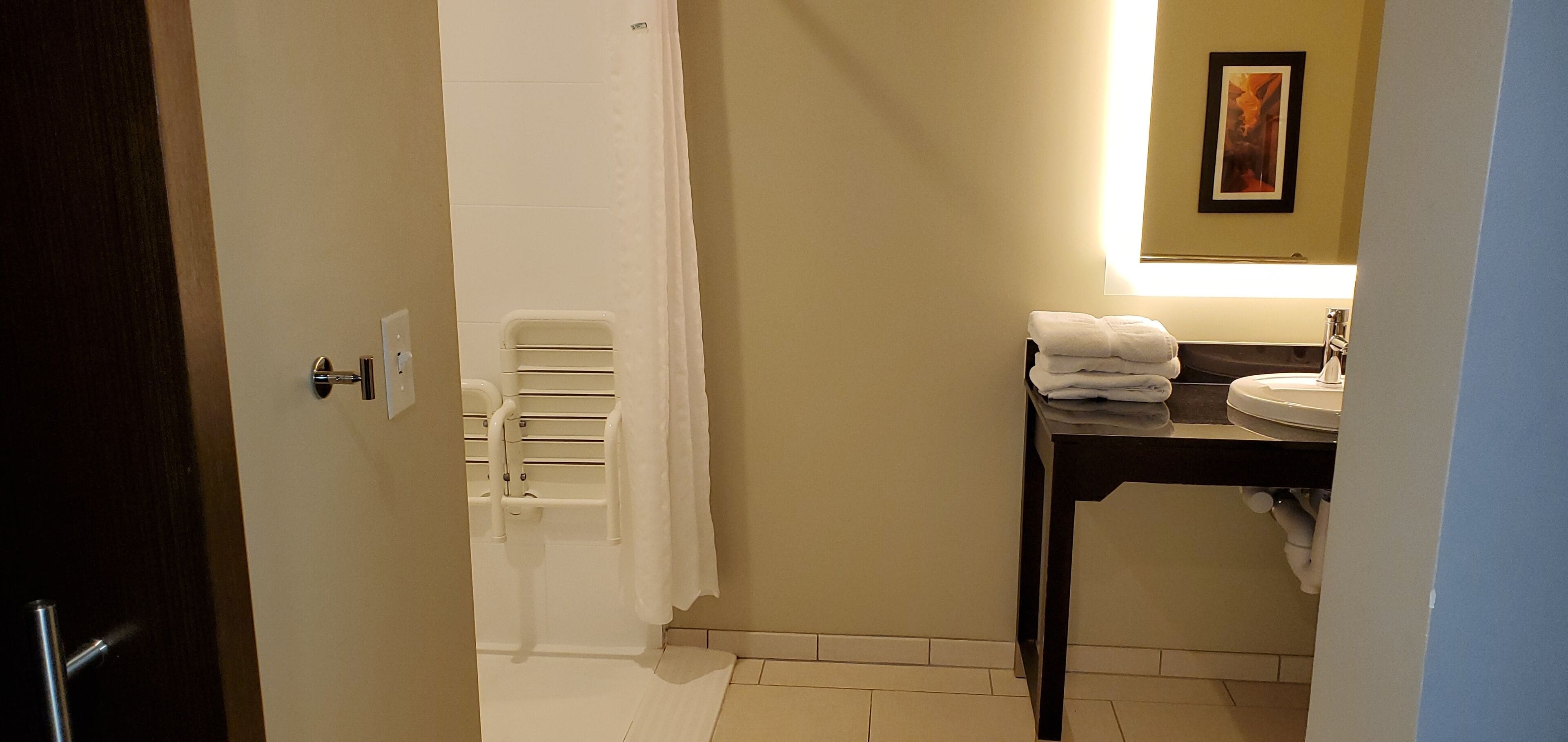 standard room, 1 king bed, accessible, non smoking | bathroom | shower, free toiletries, hair dryer, towels