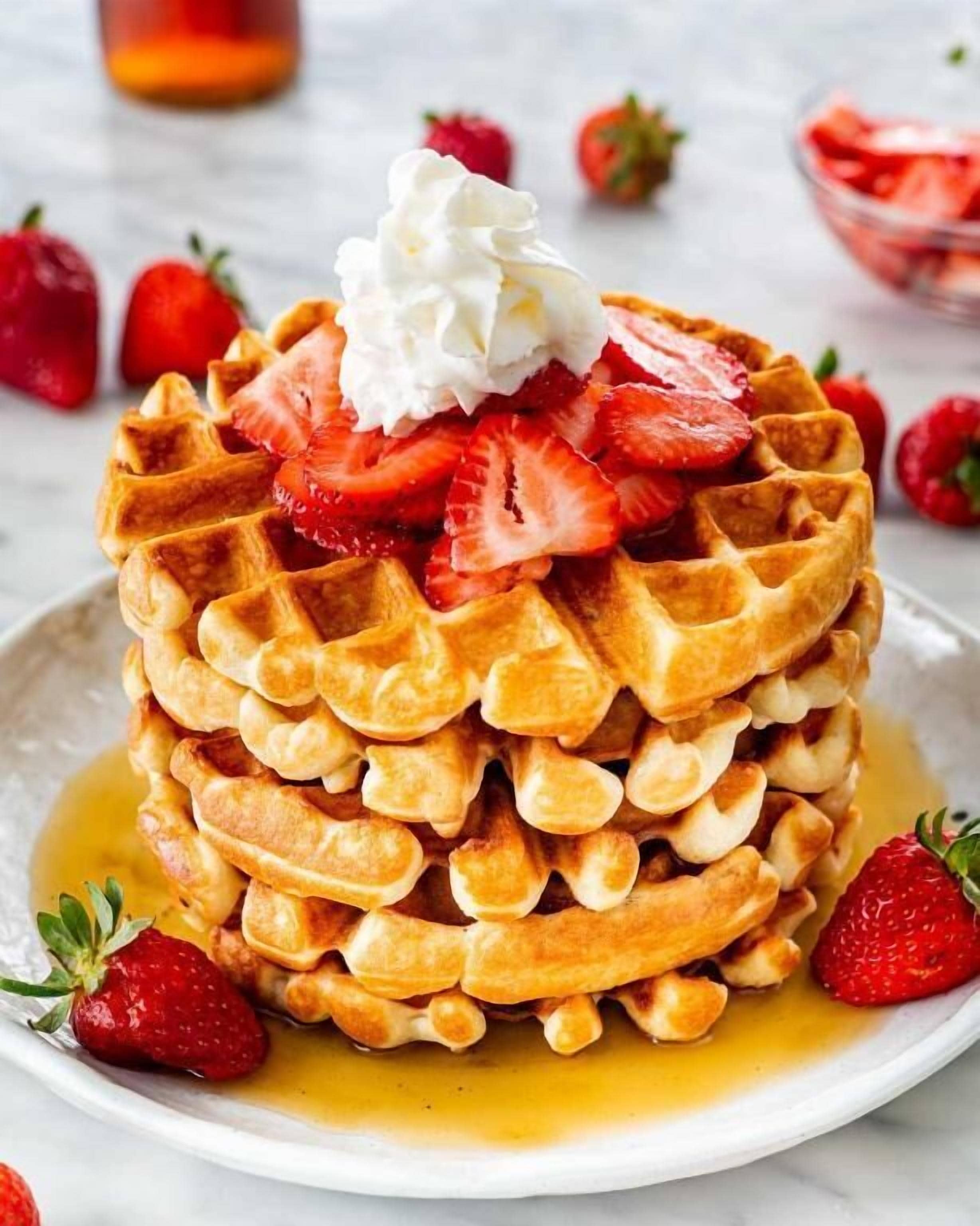 Une pile de gaufres garnies de fraises et de crème fouettée.